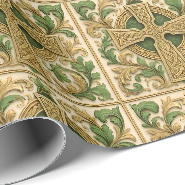 Papel De Presente Celtic Cross Green Gold Carved Look Wrapping Paper (Criador carregado)