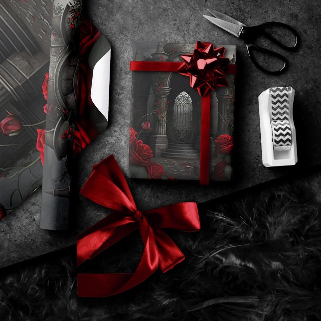 Papel De Presente Cemitério gótico Gazebo com Rosas vermelhas à noit (Criador carregado)