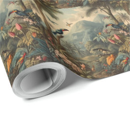 Papel De Presente Cena botânica vintage de tucanos e flores