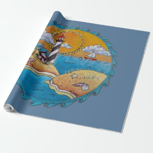 Papel De Presente Cena caprichosa da praia do farol Arte folclórica