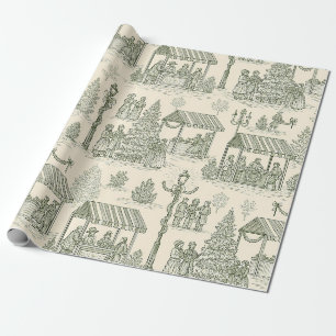 Papel De Presente Cena de Aldeia de Natal Vintage Toile Verde (2)