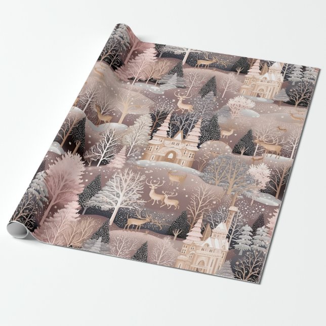 Papel De Presente Cena de castelo de fantasia de veado de inverno ro (Desenrolado)