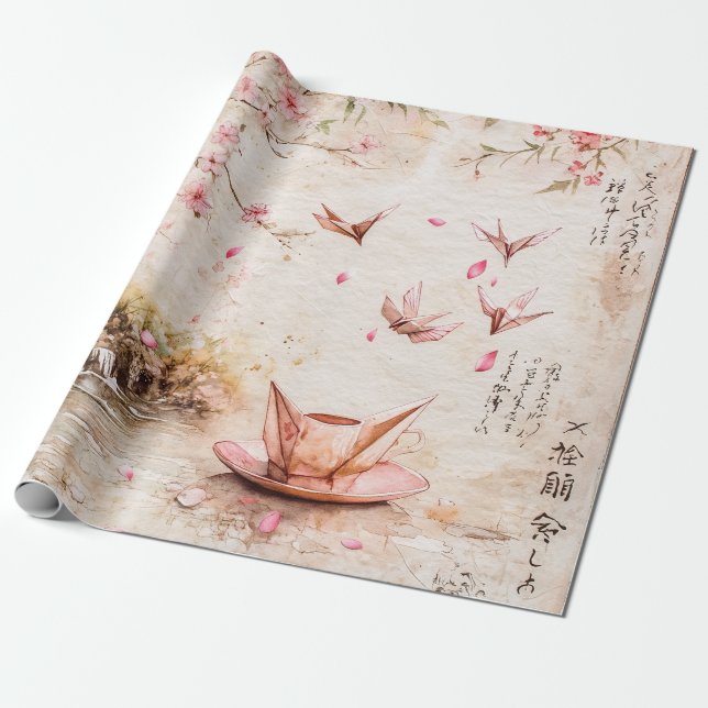 Papel De Presente Cena de Flor de Cerejeira Rosa Serenidade (5) (Desenrolado)