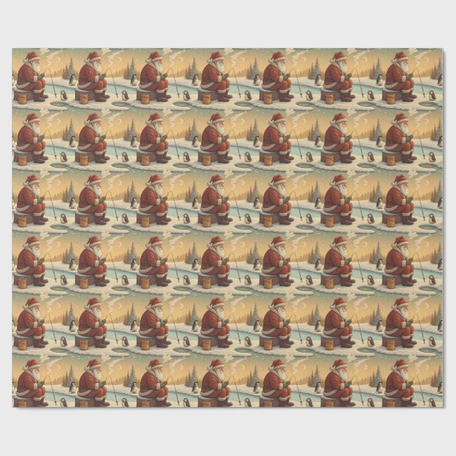 Papel De Presente Cena de Inverno de Papai Noel Pescando no Gelo com (Aberto)