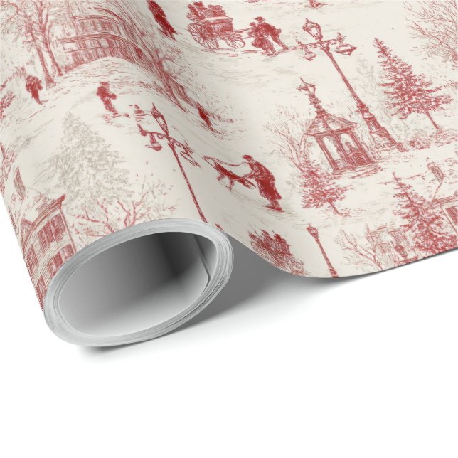 Papel De Presente Cena de Inverno Vermelho Antigo  (Ponta do rolo)
