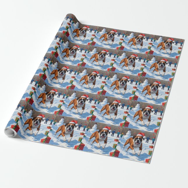 Papel De Presente Cena de Natal com Cachorro Boxer na Neve (Desenrolado)