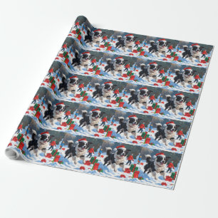 Papel De Presente Cena de Natal com Snow Border Collie
