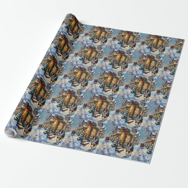 Papel De Presente Cena de Natal de Vila Nevada com Border Collie Vin (Desenrolado)