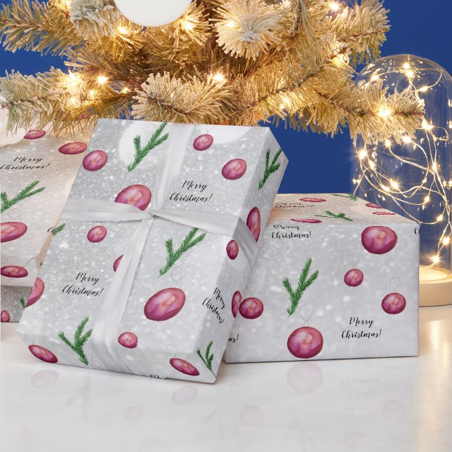 Papel De Presente Cena de Natal Ramos e Bolas Aquarela (Feriados)
