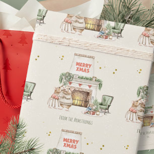 Papel De Presente Cena de Natal Vintage com Ratos em Aquarela Aconch