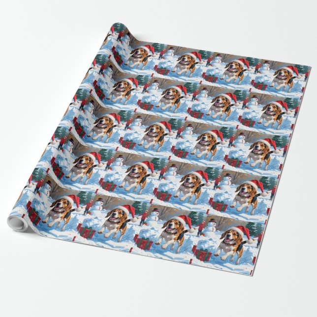 Papel De Presente Cena de Neve Festiva de Natal do Beagle (Desenrolado)