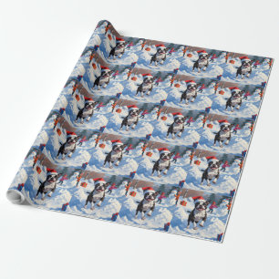 Papel De Presente Cena de neve festiva de Natal do Boston Terrier