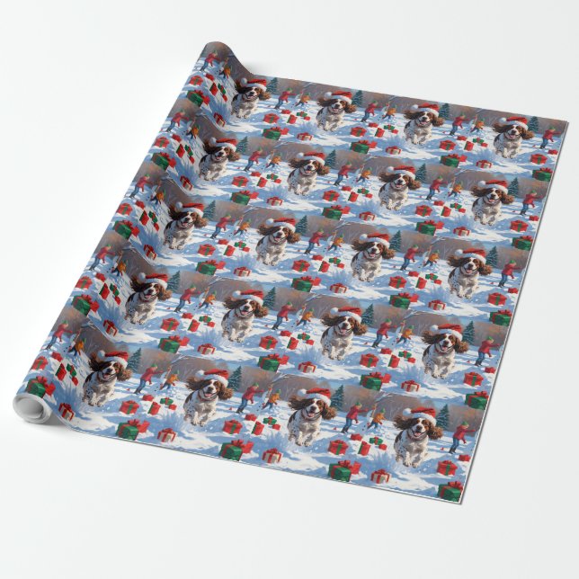 Papel De Presente Cena de neve festiva de Natal do Brittany Spaniel (Desenrolado)
