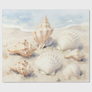 Papel De Presente Cena de Praia de Conchas em Aquarela