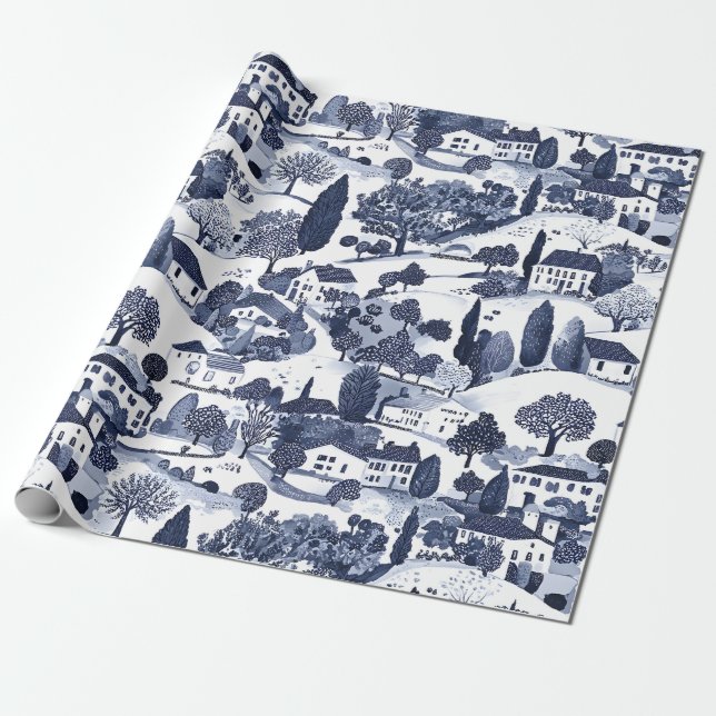 Papel De Presente Cena Rural de Toile Azul (Desenrolado)