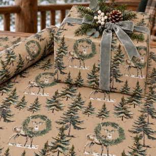 Papel De Presente Cena Rústica de Kraft com Cervo e Grinalda na Flor