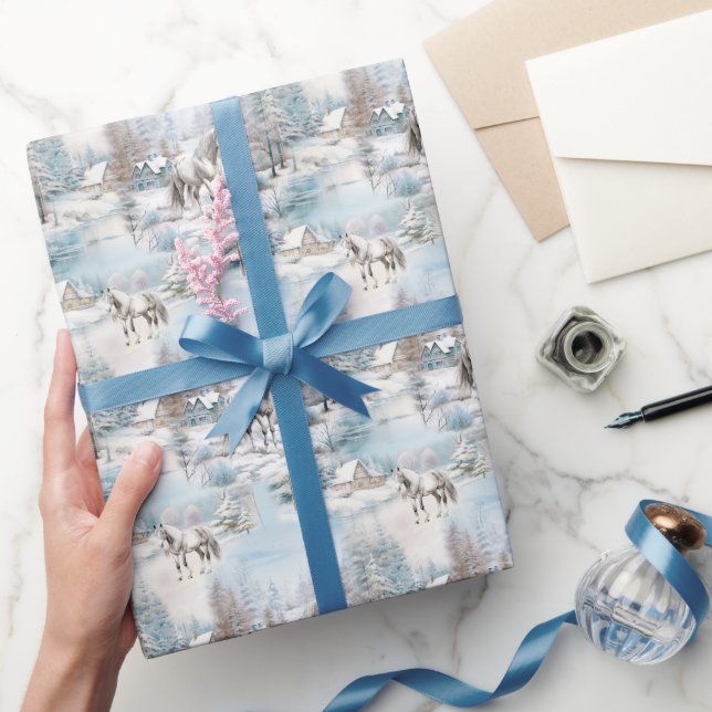 Papel De Presente Cenário de neve do inverno em cavalos (Presentear)