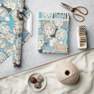 Papel De Presente Centro Crowd Faces Blue/Beige ID494