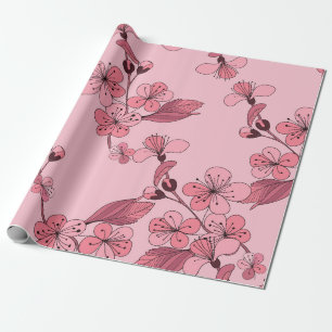 Papel De Presente Cereja floresce de cor rosa sobre fundo branco.