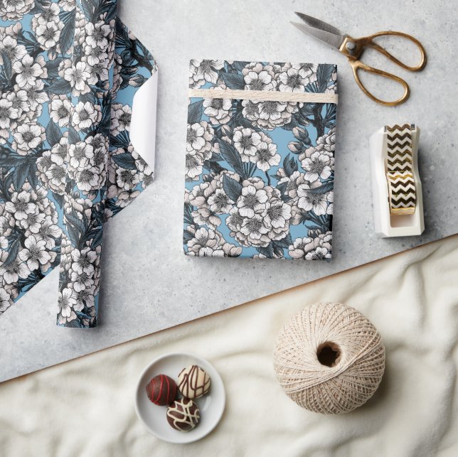 Papel De Presente Cereja floresce em branco e azul (Artesanato)