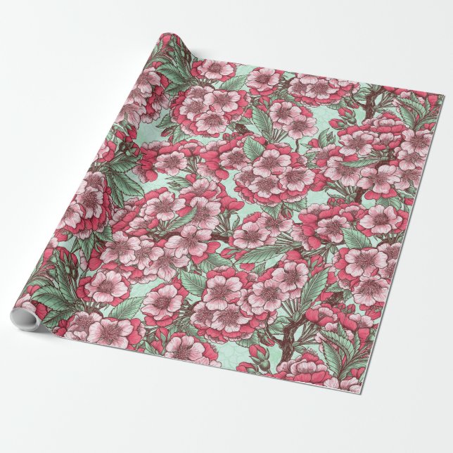 Papel De Presente Cereja floresce em rosa e menta (Desenrolado)