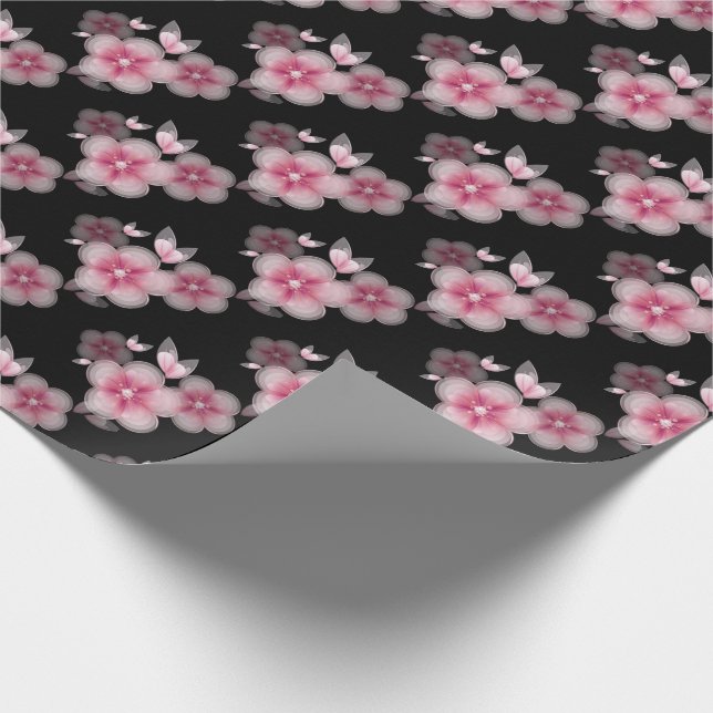 Papel De Presente cereja rosa floresce em preto (Ponta)