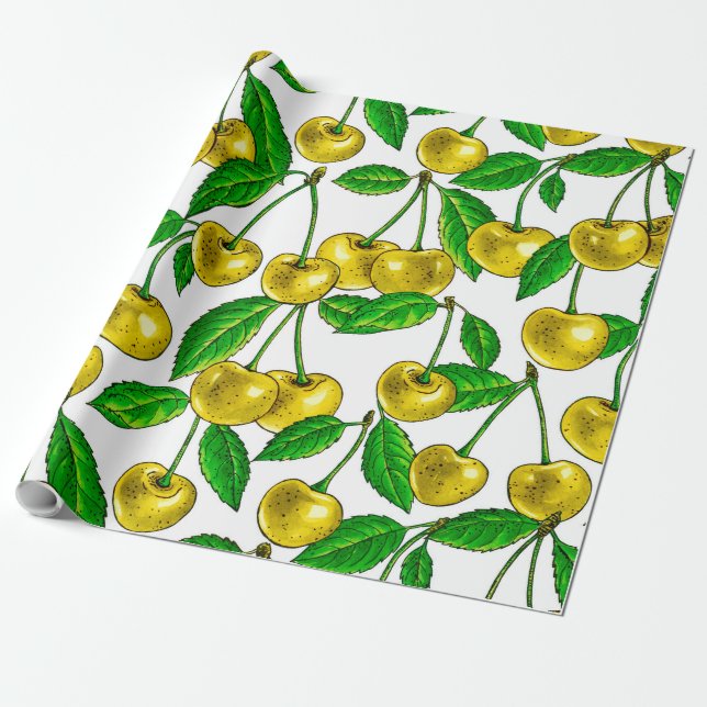 Papel De Presente Cerejas amarelas em branco (Desenrolado)