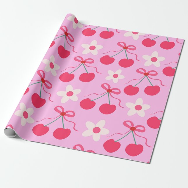 Papel De Presente Cerejas Coquete com Laços Vermelhos e Flores Branc (Desenrolado)