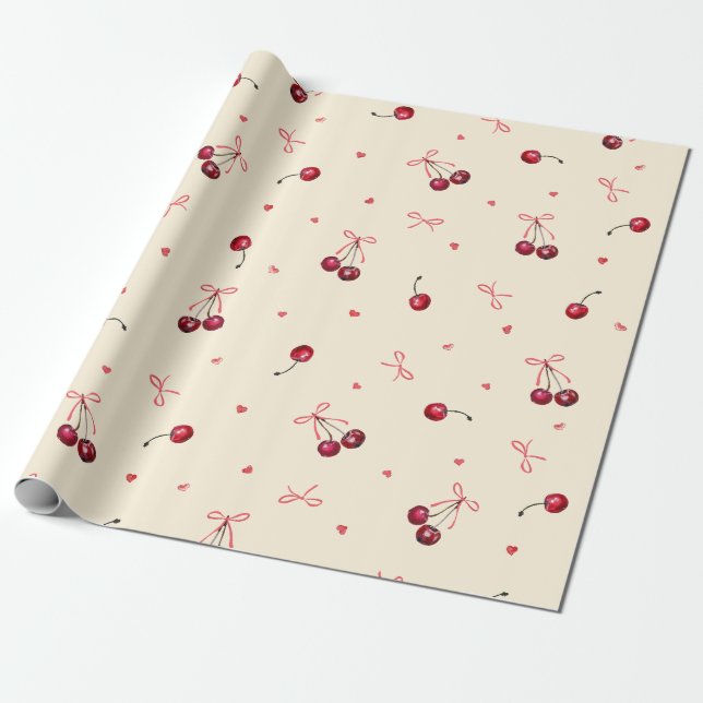 Papel De Presente Cerejas Corações Laços Rosa Vermelho Cremoso (Desenrolado)