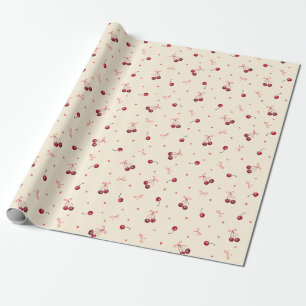 Papel De Presente Cerejas Corações Laços Rosa Vermelho Fofo Creme