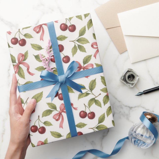 Papel De Presente Cerejas de Aquarela com Arco - Fruta Elegante (Presentear)