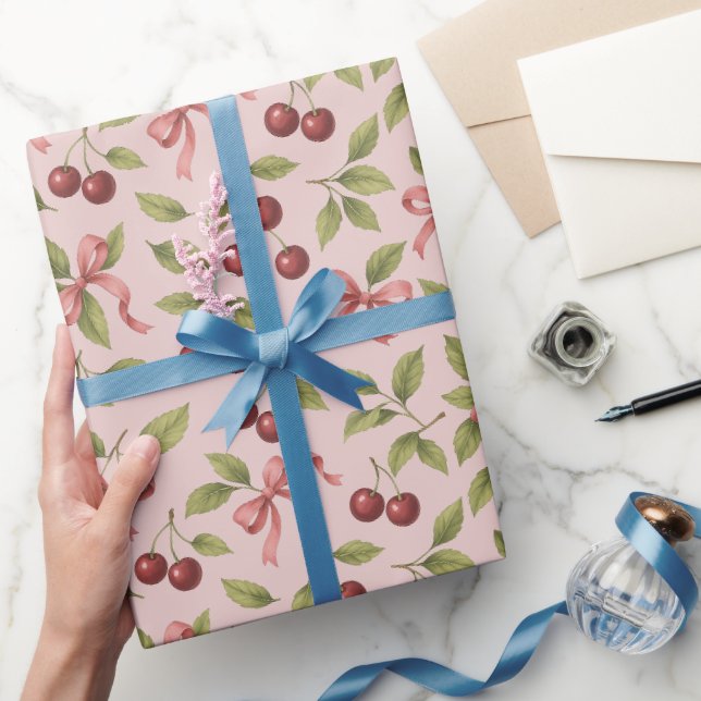 Papel De Presente Cerejas de Aquarela com Arco - Fruta Elegante (Presentear)