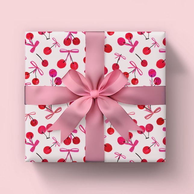 Papel De Presente Cerejas e padrões de arcos (Coquette cherry and bow girly pattern wrapping paper rolls. Great for girls birthday or baby shower.)