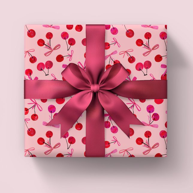 Papel De Presente Cerejas e padrões de arcos (Coquette cherry & bow girly pink wrapping paper rolls. Great for girls birthday or baby shower.)