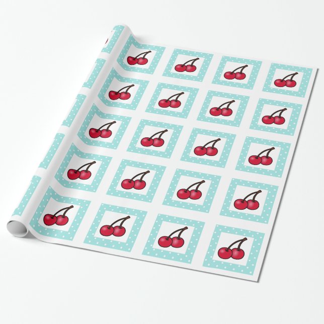 Papel De Presente Cerejas Retro Aqua Dots (Desenrolado)