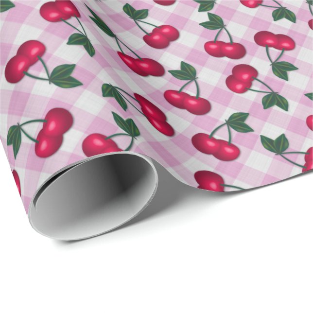 Papel De Presente Cerejas Retro em Gingham Rosa (Ponta do rolo)