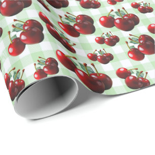 Papel De Presente Cerejas retrô frescas colhidas xadrez verde