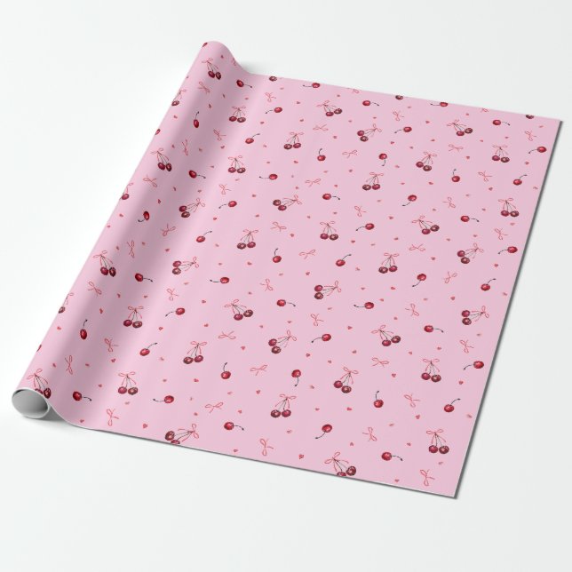 Papel De Presente Cerejas Vermelhas Fofo Corações Laços em Rosa (Desenrolado)