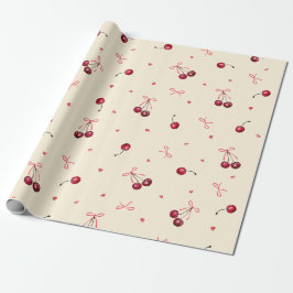 Papel De Presente Cerejas Vermelhas Rosadas Fofas Corações Laços Cre