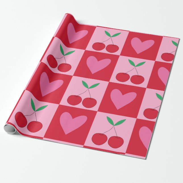 Papel De Presente Cerejas Xadrez com Padrão de Corações Rosas (Desenrolado)