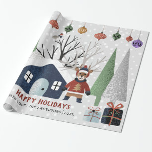 Papel De Presente Cervo de inverno, árvores e casa Natal férias