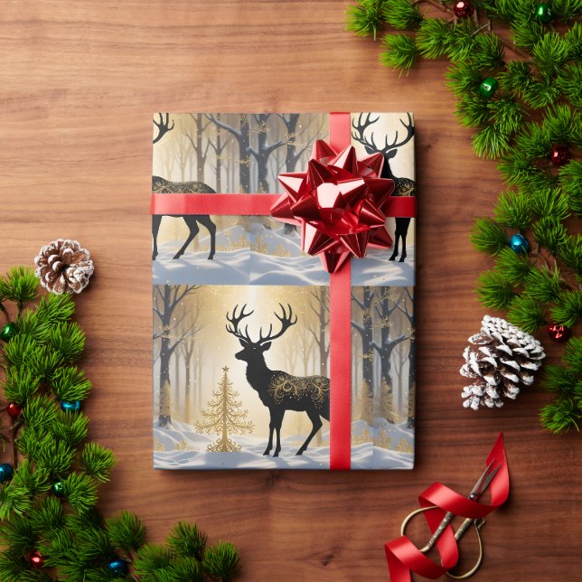 Papel De Presente Cervo Dourado na Floresta de Luz de Inverno (Presente de Natal)