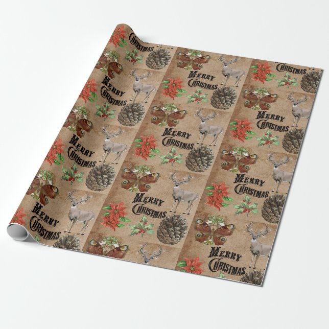 Papel De Presente Cervo Rústico Vintage (Desenrolado)