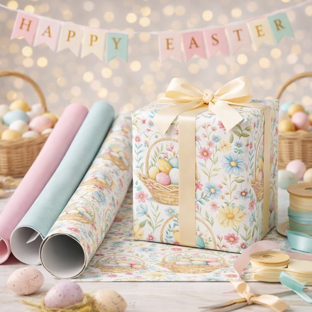 Papel De Presente Cesta de Páscoa & Padrão Floral de Primavera (Criador carregado)