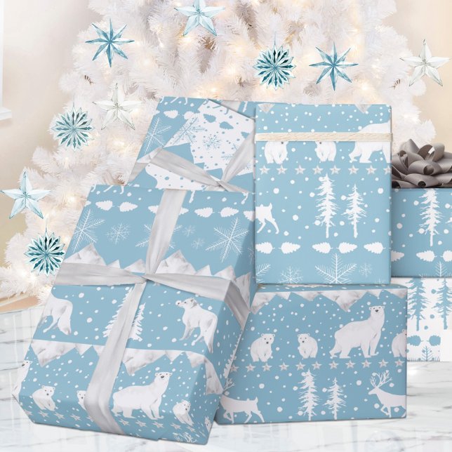 Papel De Presente Céu Azul Nórdico-Sueco Branco Animais de inverno (Nordic Sweater Blue & White Winter Animals Christmas Holiday Wrapping Paper Rolls)