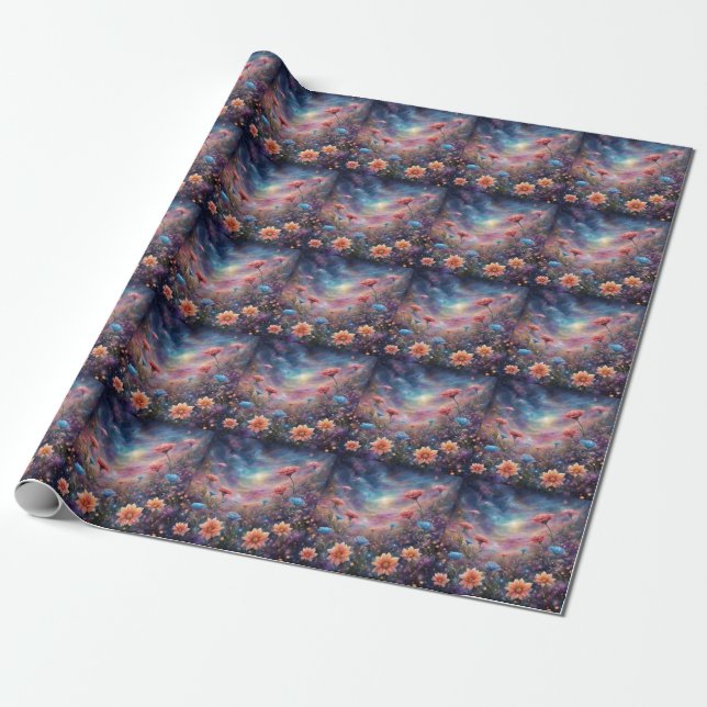 Papel De Presente Céu cósmico com flores fantásticas (Desenrolado)