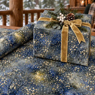 Papel De Presente Céu Crepuscular de Inverno Azul com Frutas Dourada
