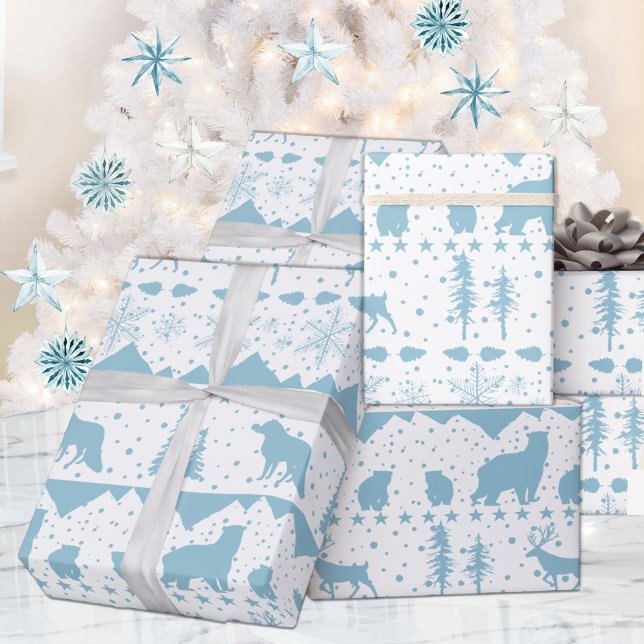 Papel De Presente Céu Nórdico Azul Animais de inverno Branco (Nordic Sweater White & Blue Winter Animals Christmas Holiday Wrapping Paper Rolls)