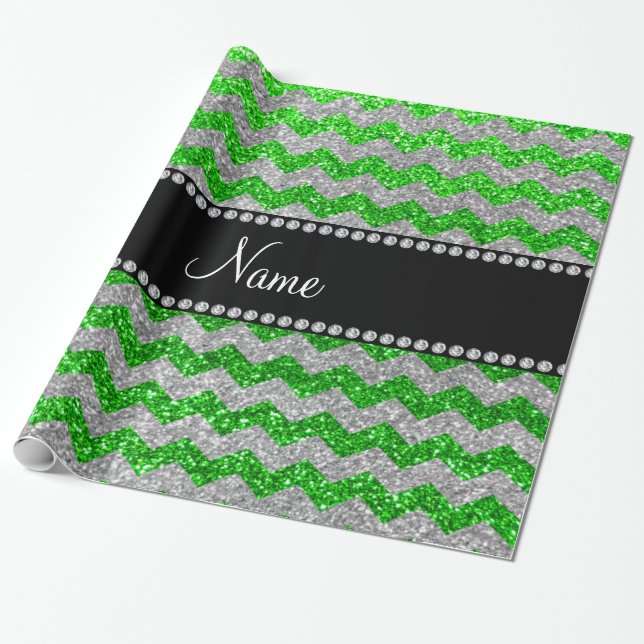 Papel De Presente Cevrons de brilho prateado do verde limão de nome  (Desenrolado)