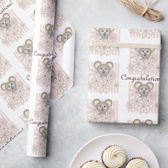Papel De Presente Chá/Aniversário de criança de Garota Koala Rosa Pa (Criador carregado)